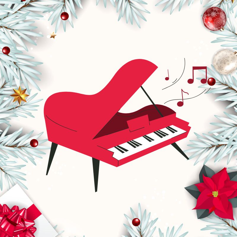 illustration du concert de noël à la médiathèque Les Allées, représentant un piano sur fond de décorations de Noël