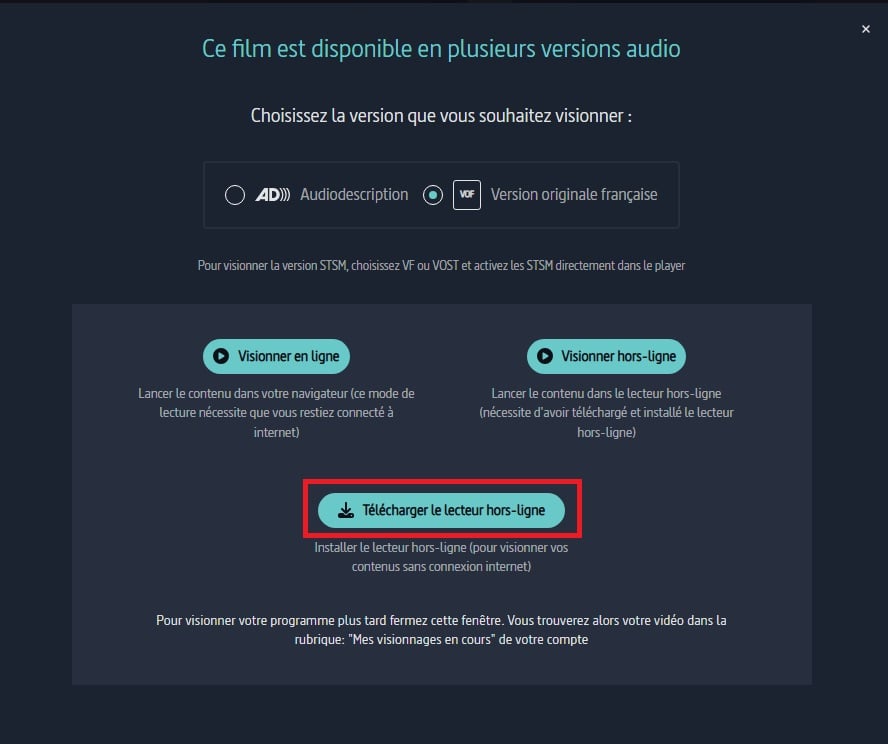 capture d'écran montrant le bouton Télécharger le lecteur hors-ligne
